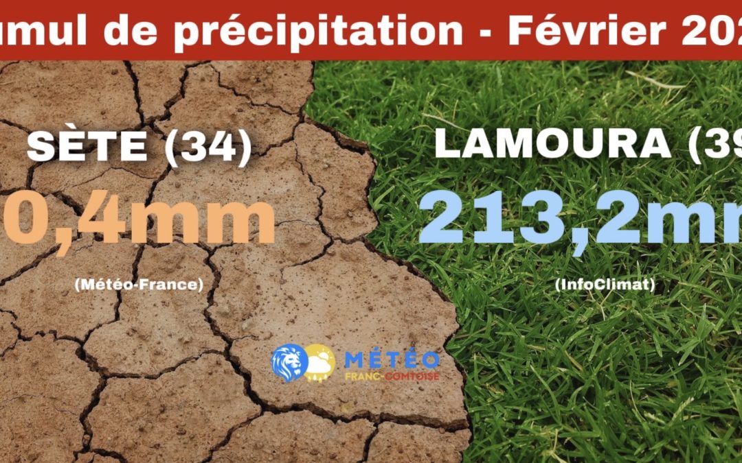 Bilan – Février 2022 : Il tombe 500x plus de pluie à Lamoura (dans le Jura) qu’à Sète (dans l’Hérault)